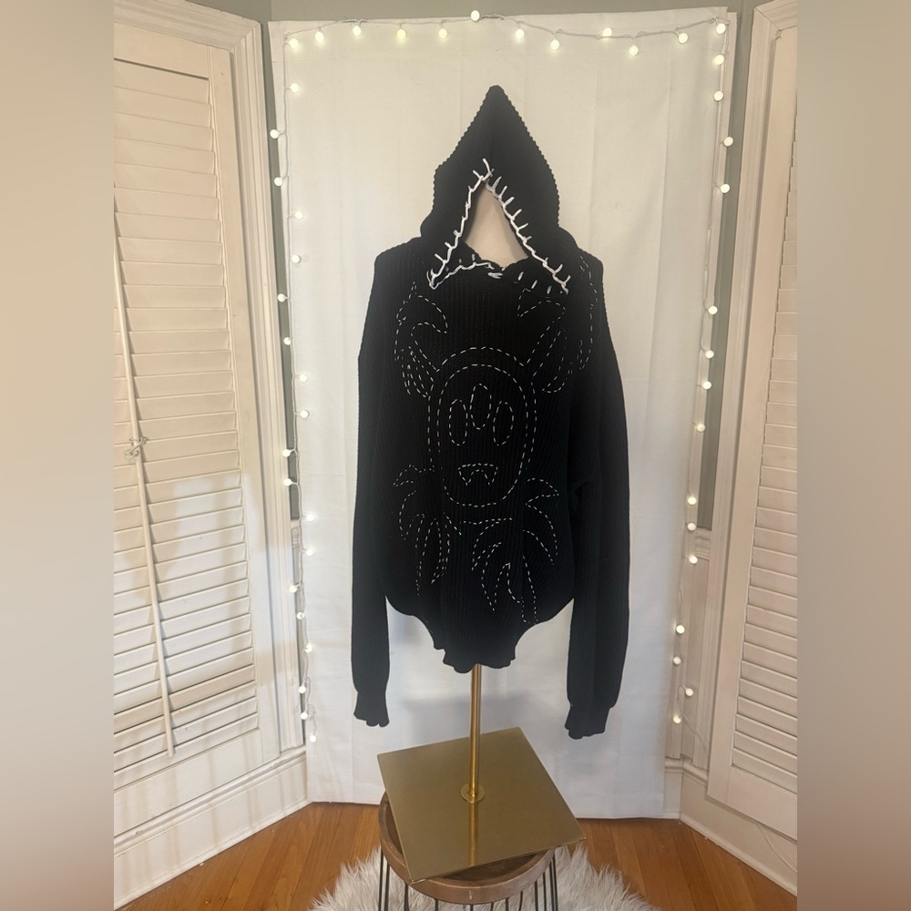 Barrow Black Hooded Sweater Sad Face Stitch Graphic Cotton Size L